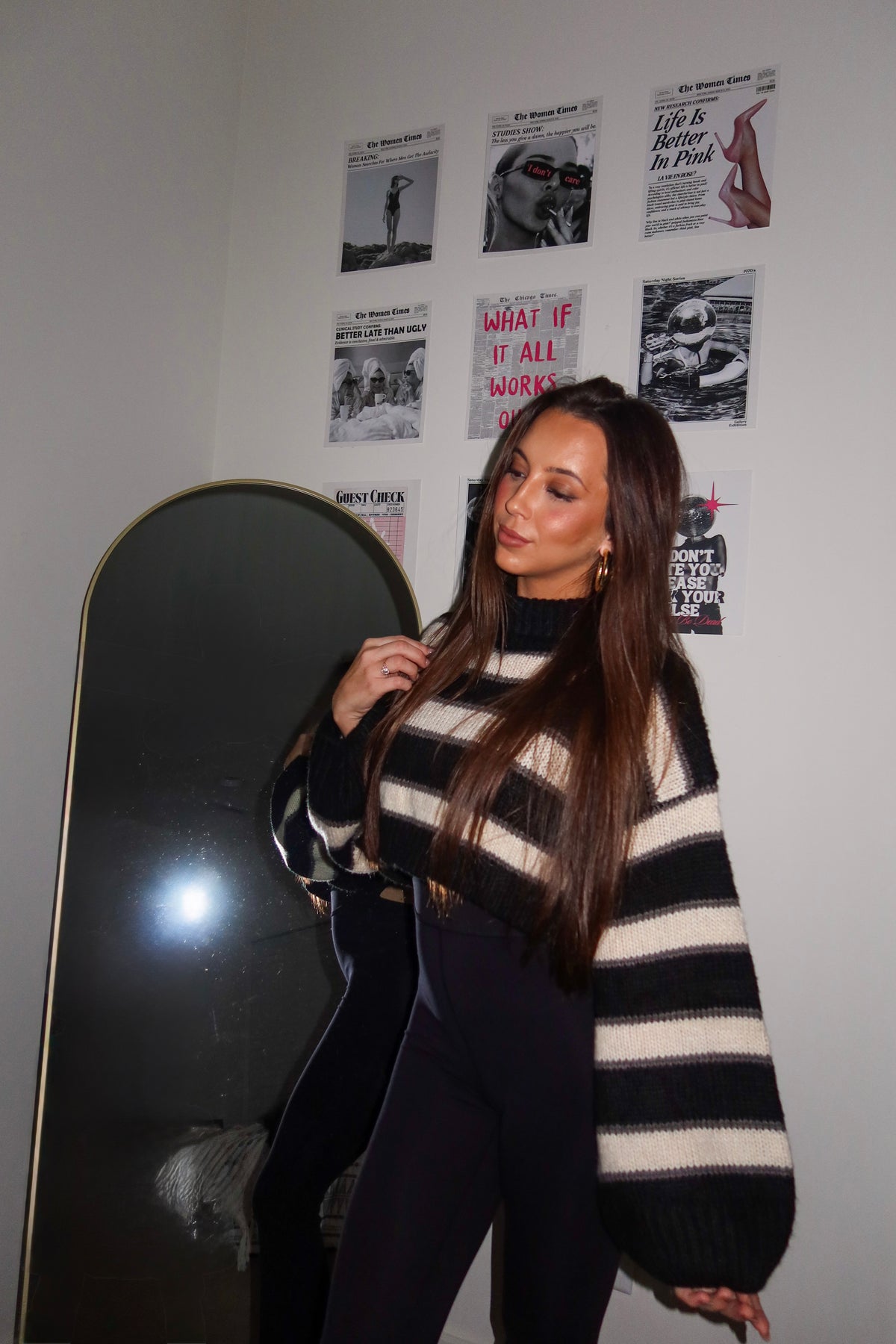 Cropped Stripe Turtleneck Sweater- Black