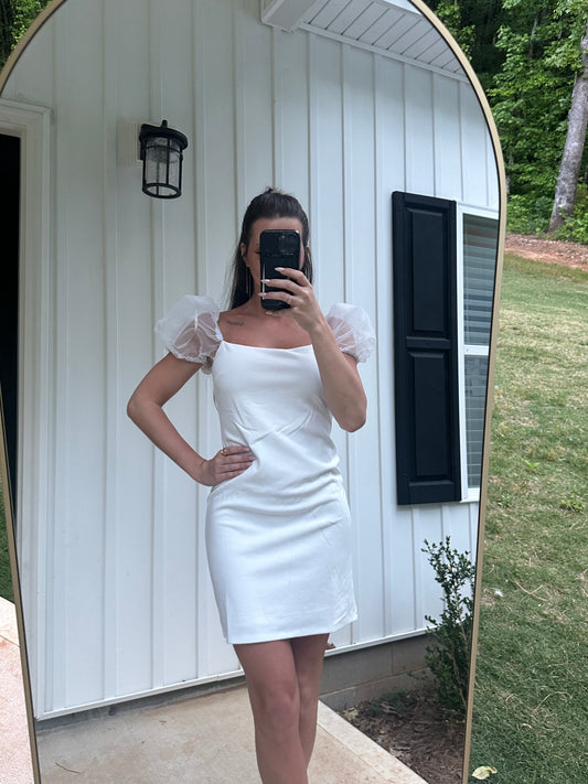 Organza Puff Sleeve Mini Dress- Off White