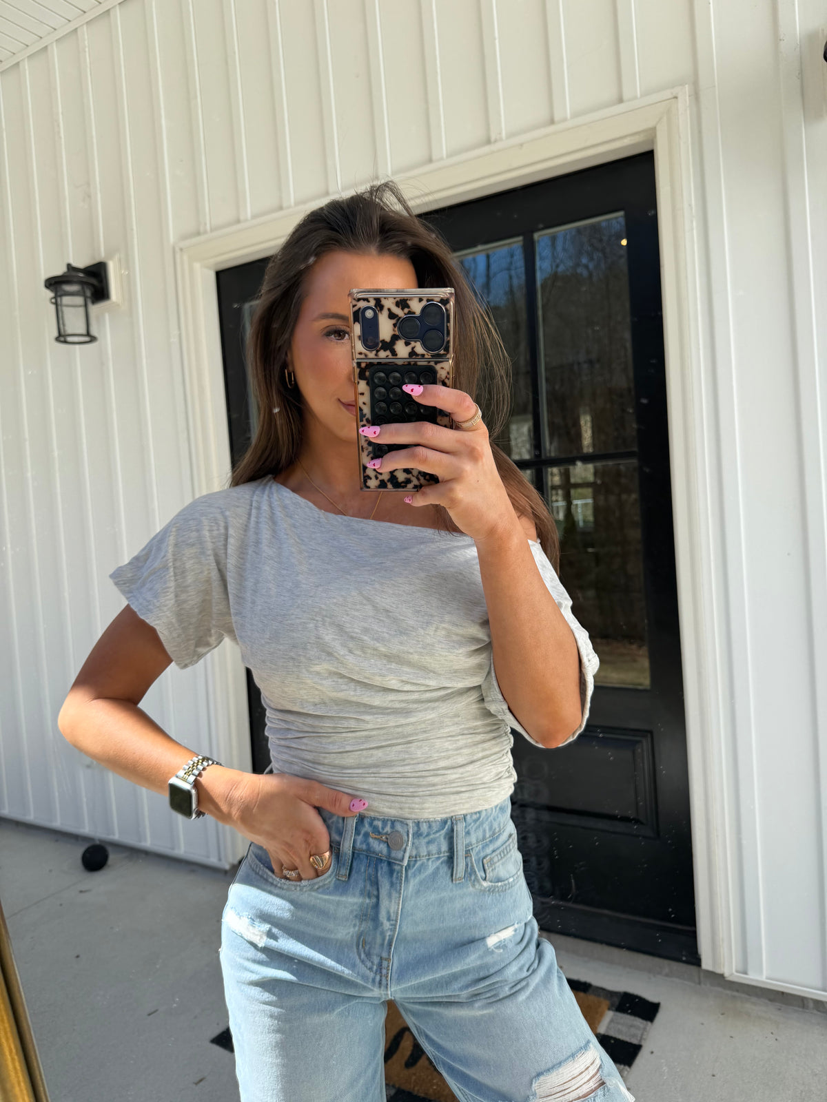 Rayae Asymmetric Slouchy Wide Boat Neck Off-the-Shoulder Top— Heather White