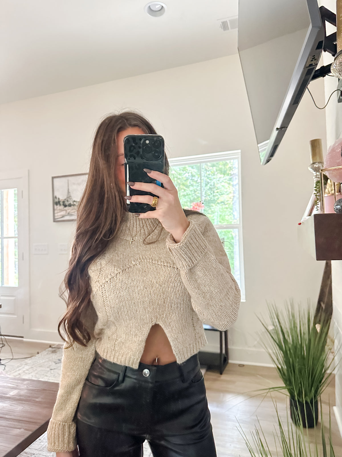 Mock Neck Cut Out Crop Sweater- Taupe